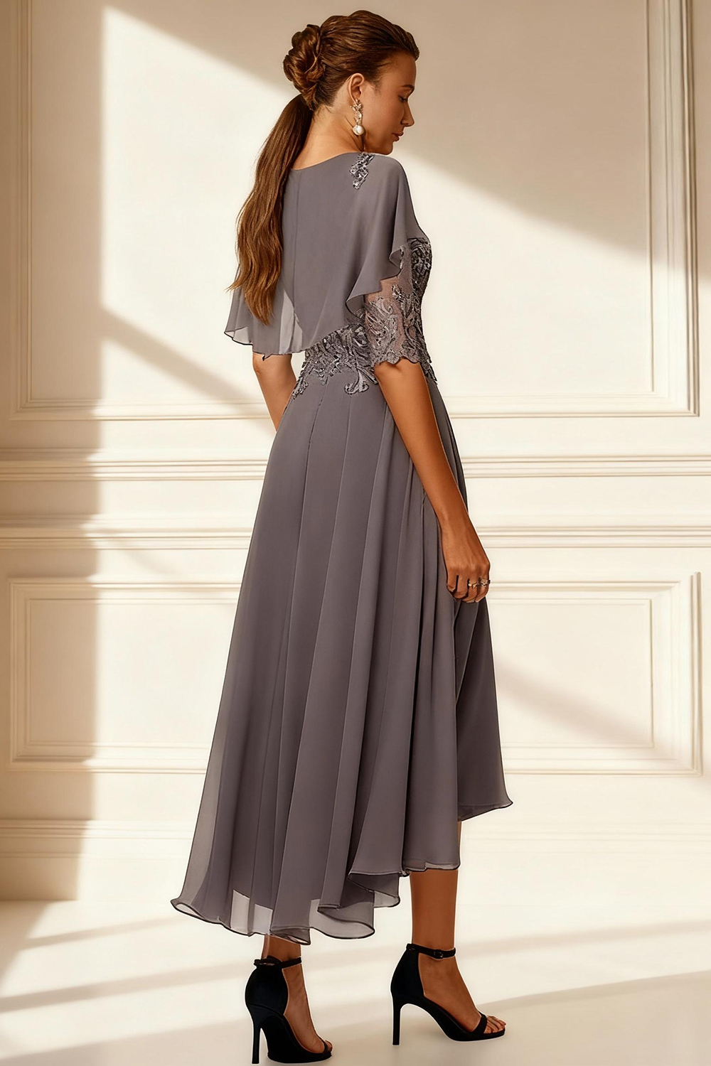 Dark Grey A Line V-Neck Tea-Length Mother of the Bride Dress with Lace