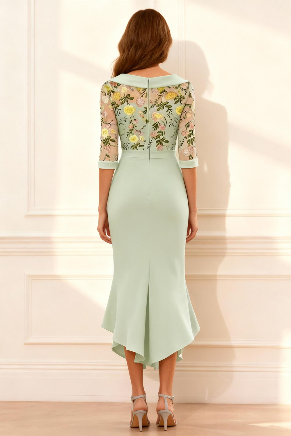 Mint Floral Mermaid Tea-Length Mother of the Bride Dress with Lace