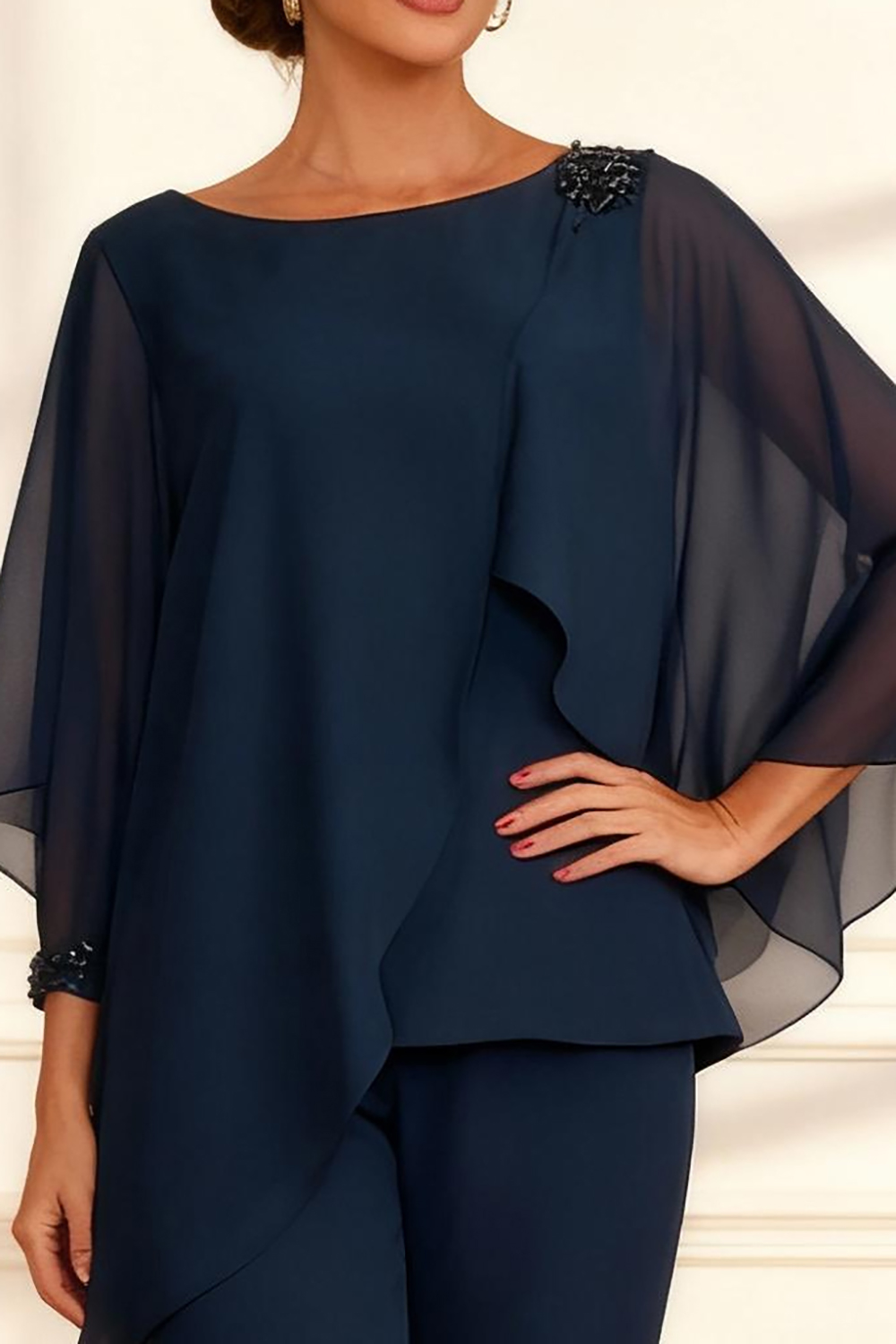 Dark Navy Chiffon 2 Piece Mother of the Bride Pant Suits with Cape