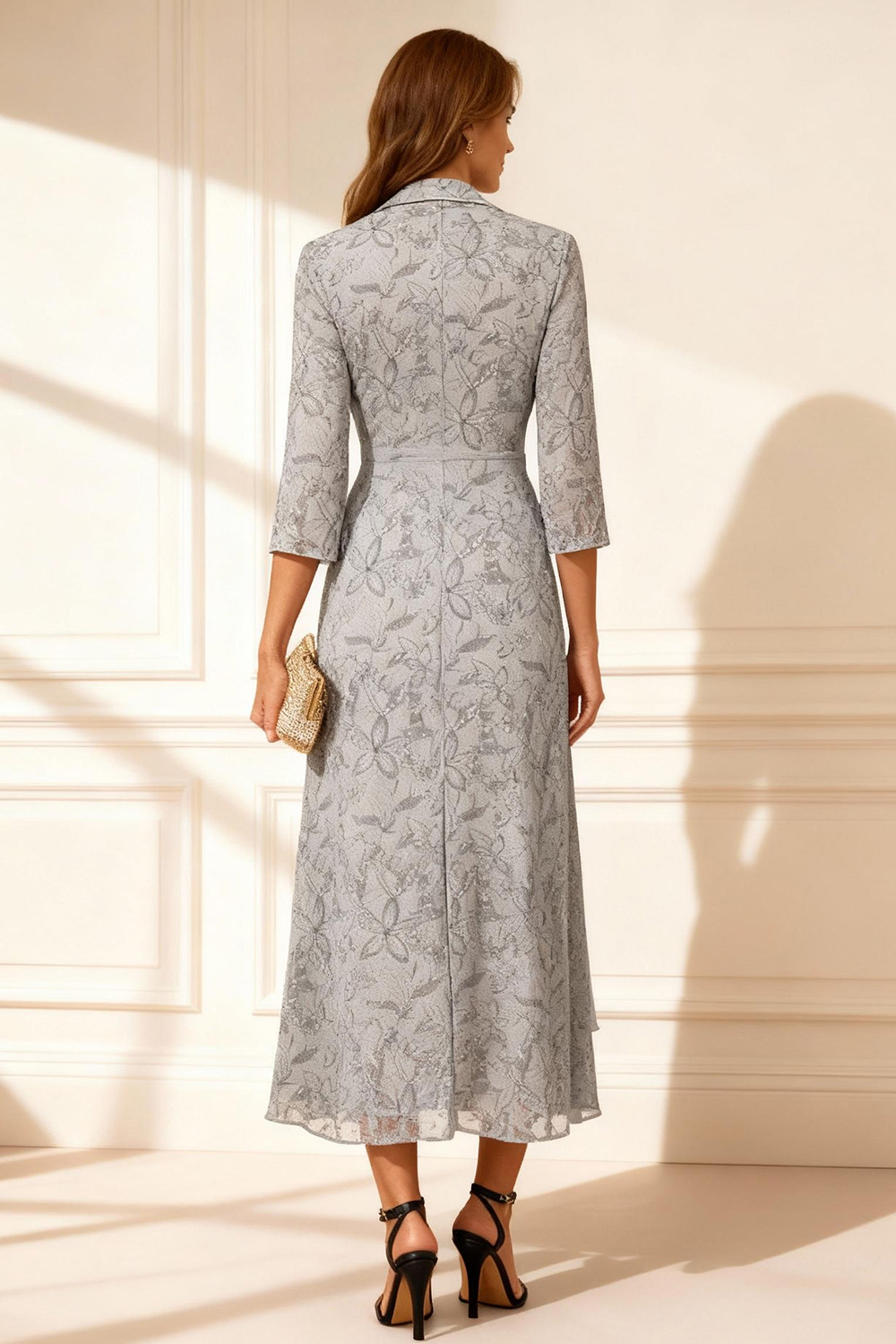 Grey Floral Sheath 2 Piece Tea-Length Mother of the Bride Dress with Jacket