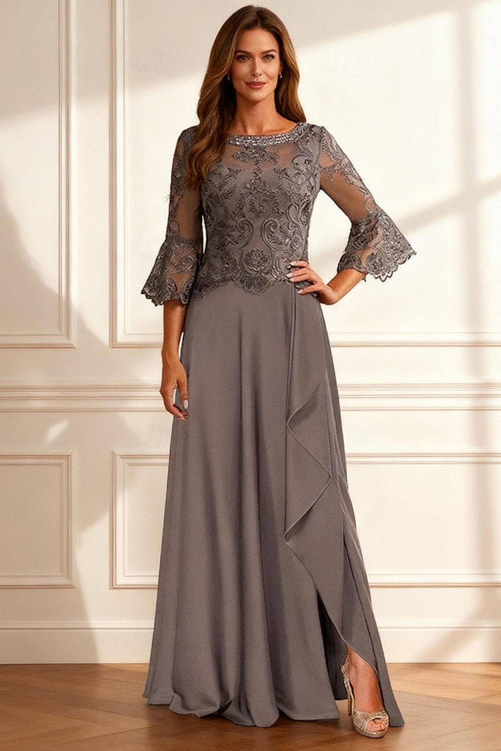 Sparkly Coffee Beaded Ruffled A Line Floor-Length Mother of the Bride Dress with Lace