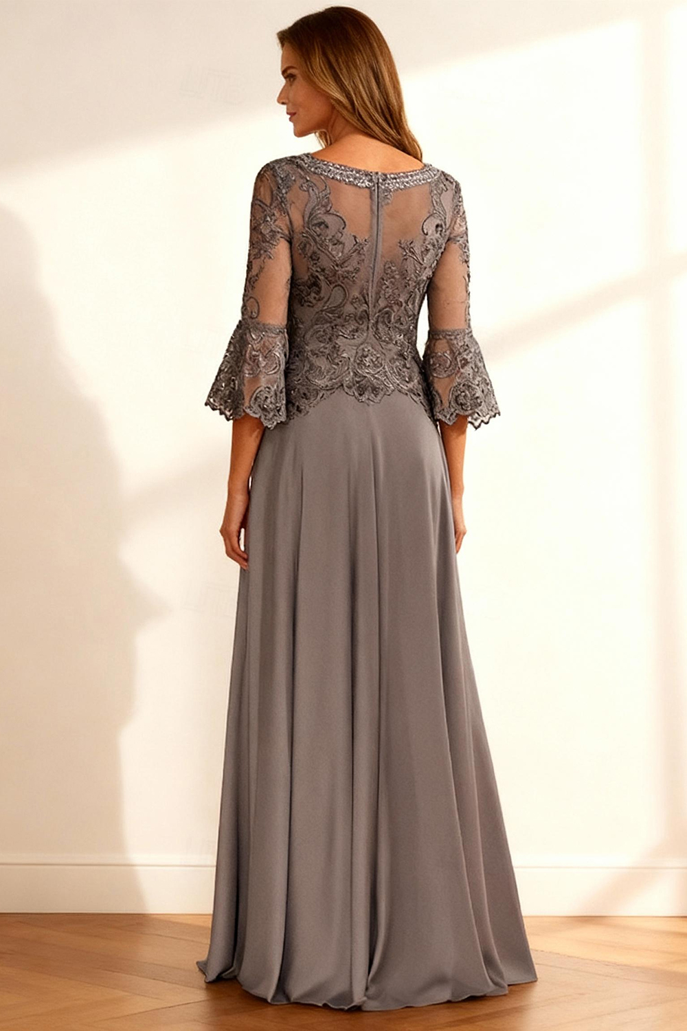 Sparkly Coffee Beaded Ruffled A Line Floor-Length Mother of the Bride Dress with Lace