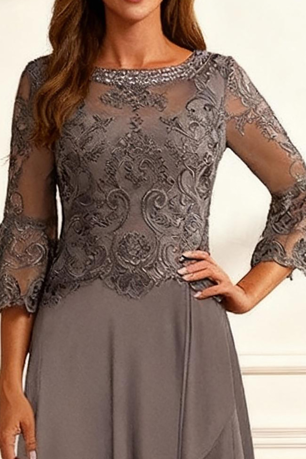 Sparkly Coffee Beaded Ruffled A Line Floor-Length Mother of the Bride Dress with Lace