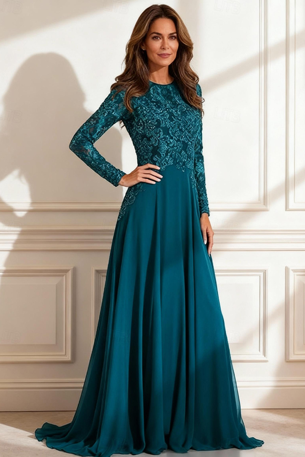 Peacock Blue A Line Floor-Length Mother of the Bride Dress with Lace