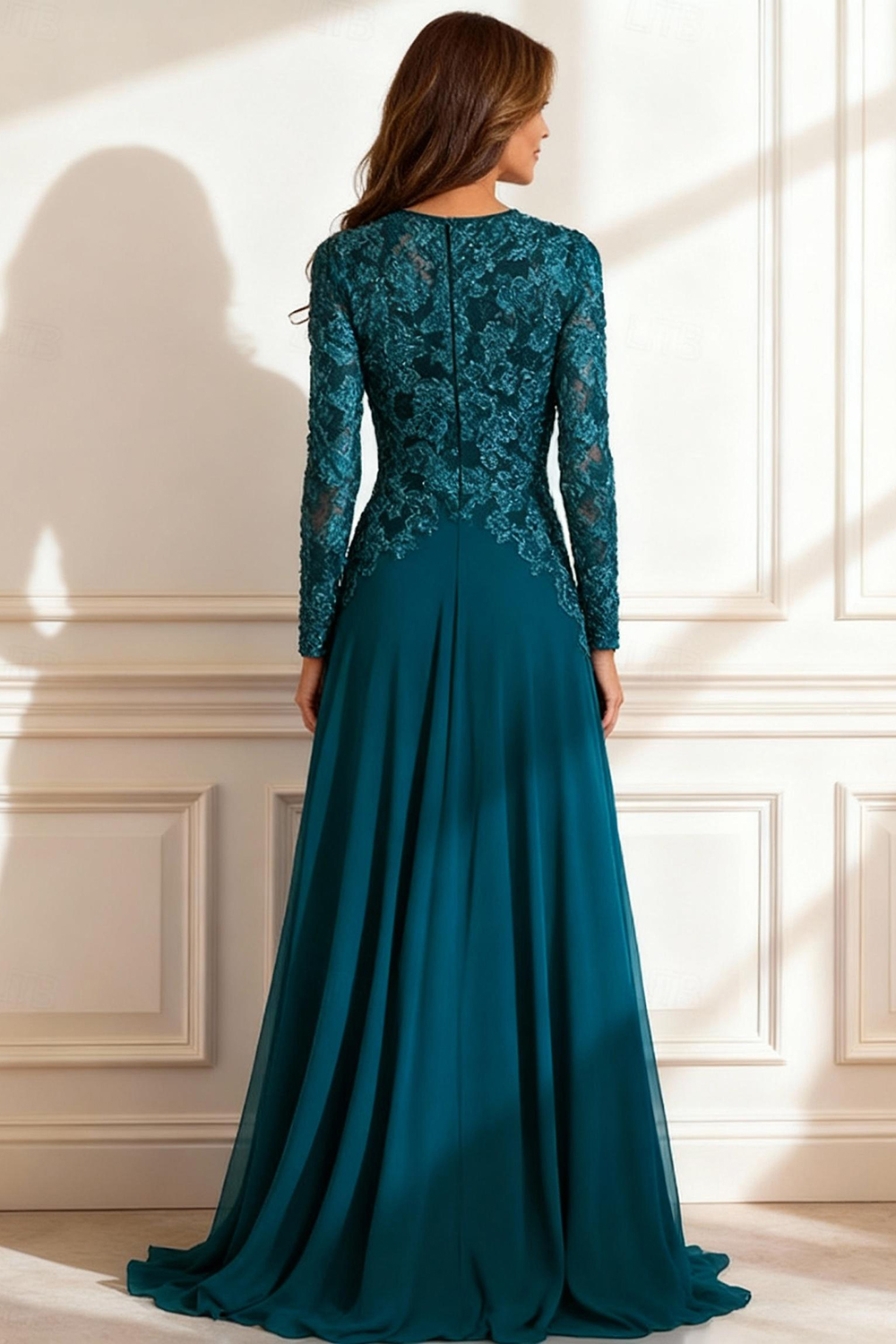 Peacock Blue A Line Floor-Length Mother of the Bride Dress with Lace