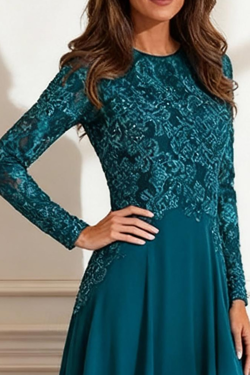 Peacock Blue A Line Floor-Length Mother of the Bride Dress with Lace