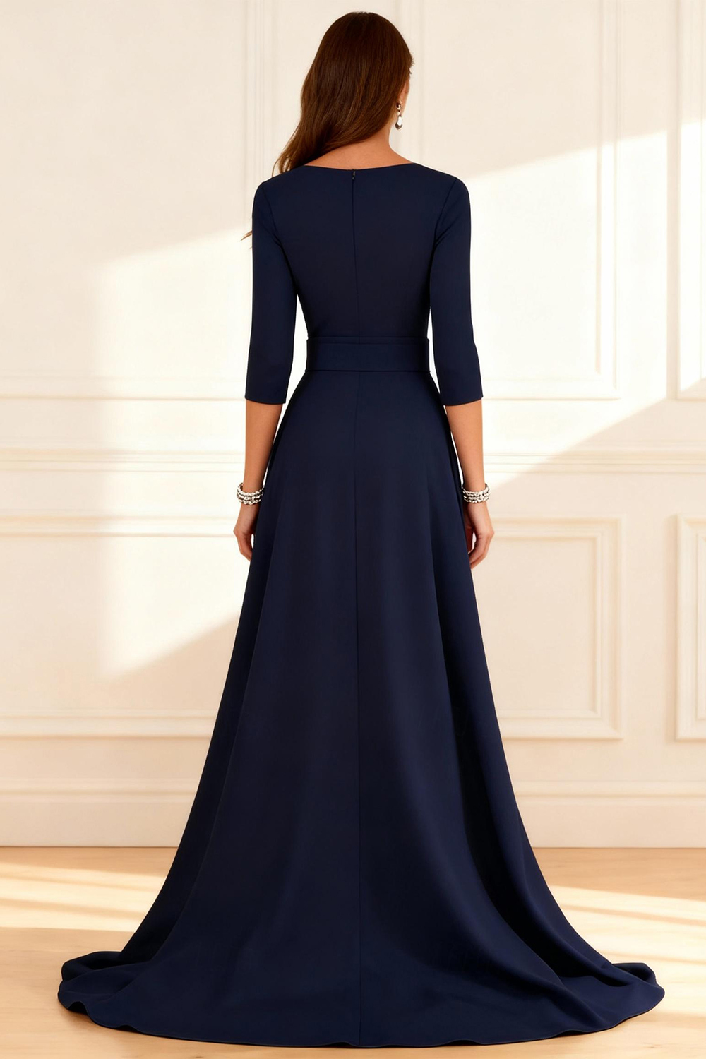 Dark Navy Satin Boat Neck Floor-Length Mother of the Bride Jumpsuits with Cape
