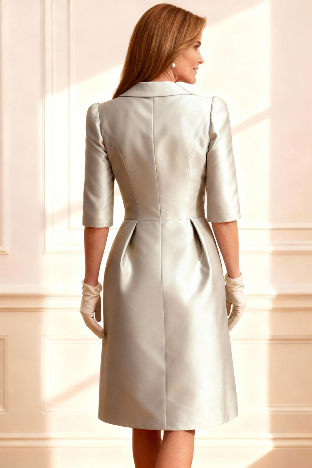 Silver Satin Bodycon Knee-Length Mother of the Bride Dress with Bow