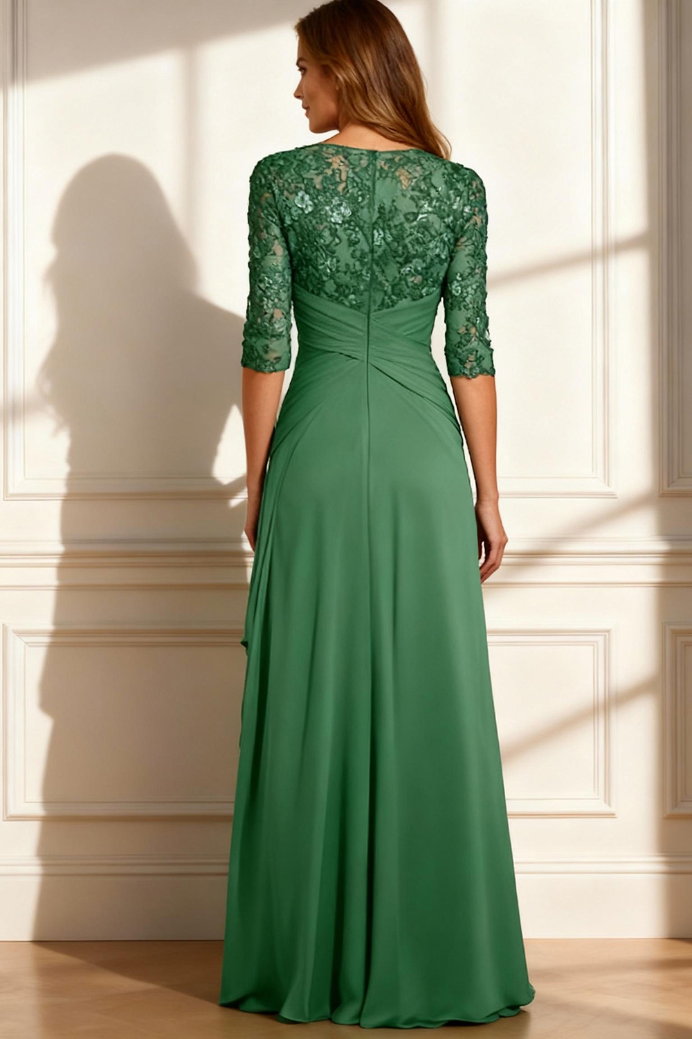 Green Ruffled A Line Floor-Length Mother of the Bride Dress with Lace