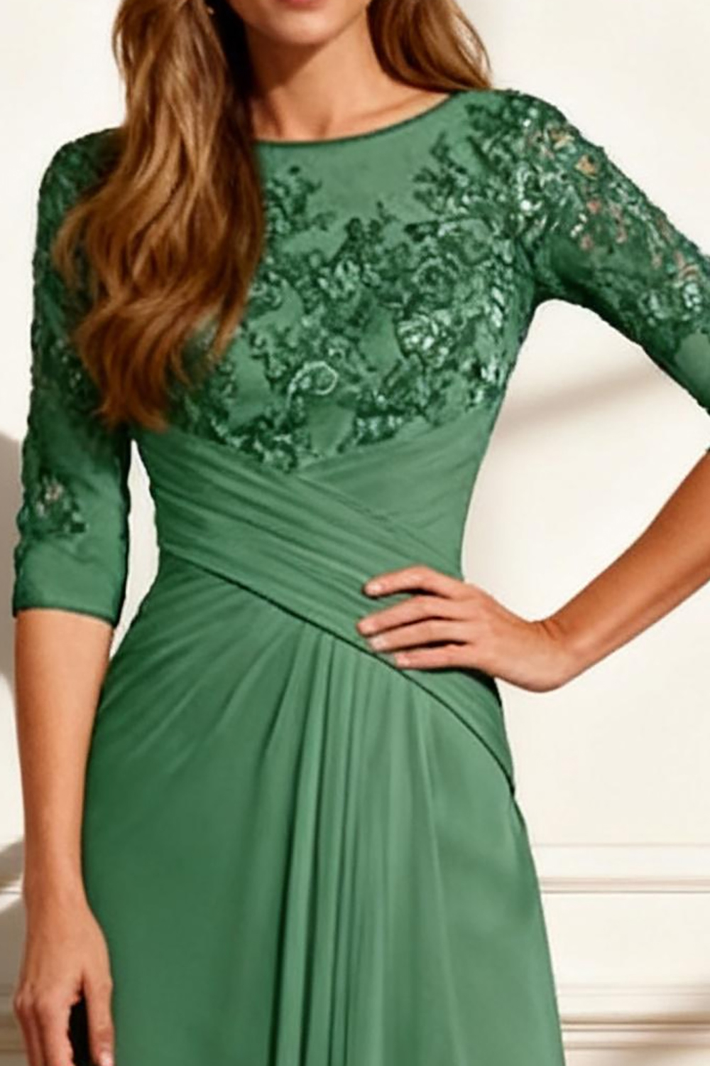 Green Ruffled A Line Floor-Length Mother of the Bride Dress with Lace