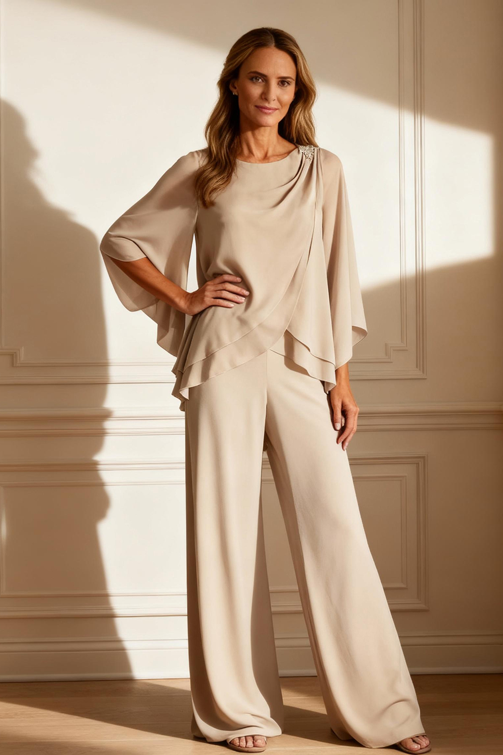 Hellymoon Women 2 Piece Champagne Chiffon Mother of the Bride Pant Suits Ruffled Boat Neck Mother of the Groom Pant Suits with Sleeves