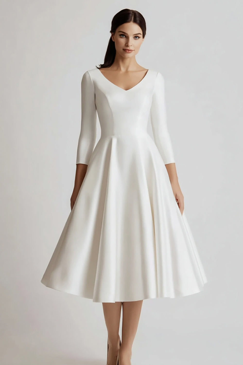 Modest White Satin V-Neck A Line Long Sleeve Engagement Dress