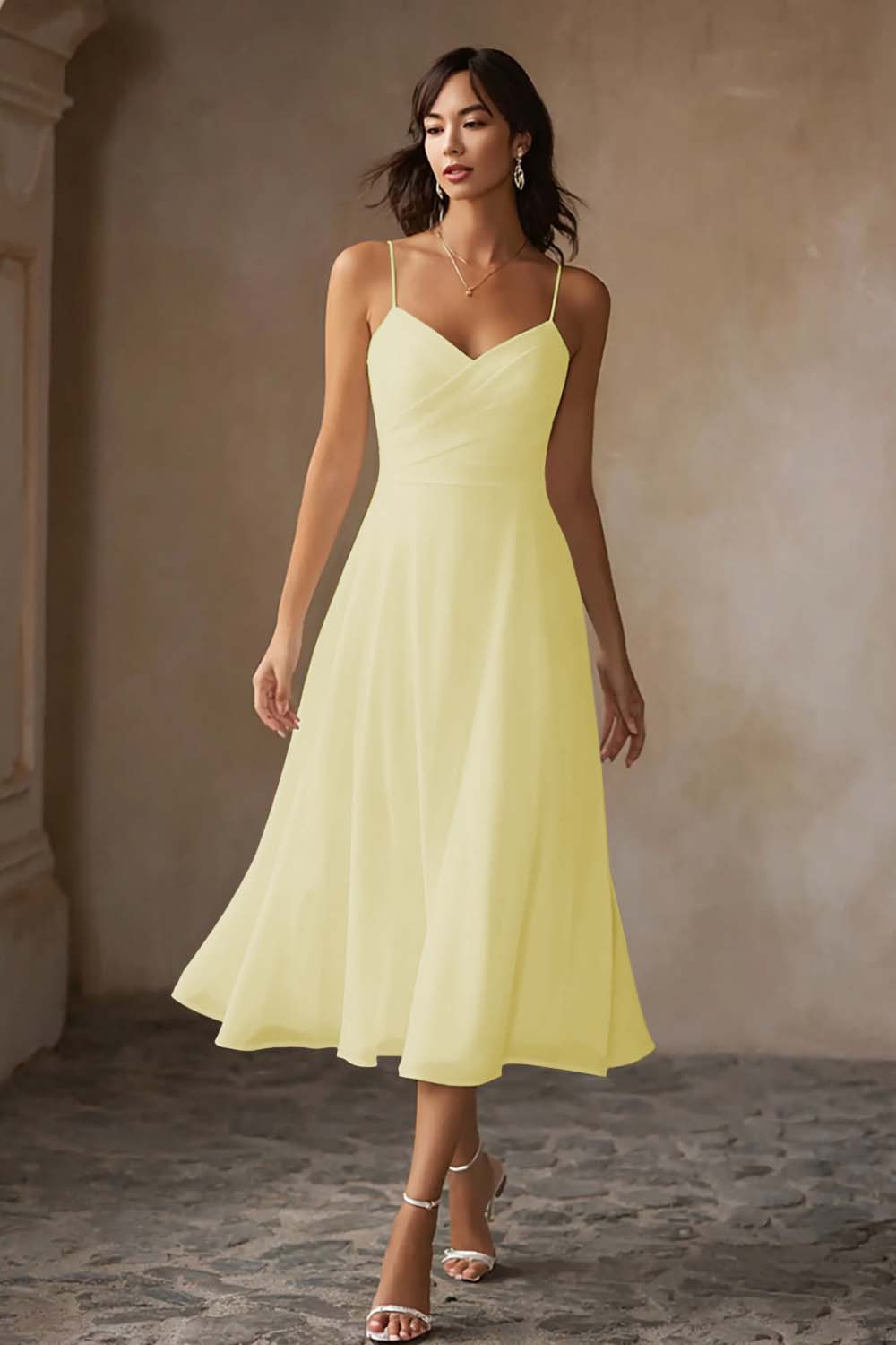 Simple White Chiffon A-Line Spaghetti Straps Midi Engagement Dress