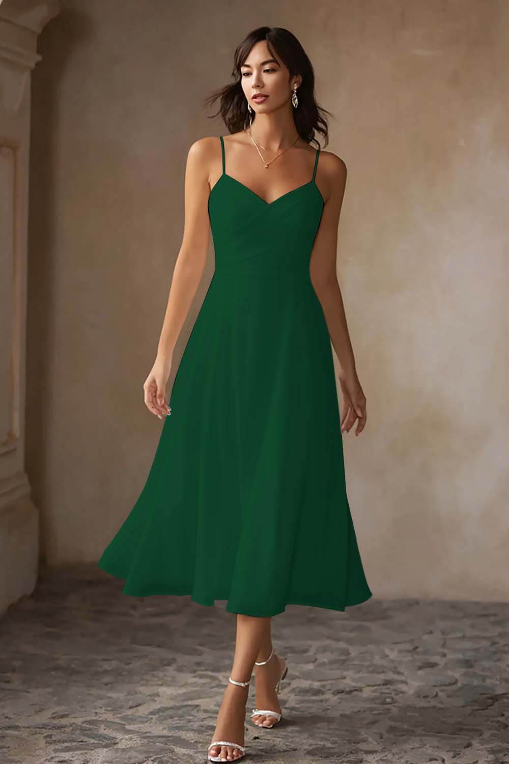 Simple White Chiffon A-Line Spaghetti Straps Midi Engagement Dress