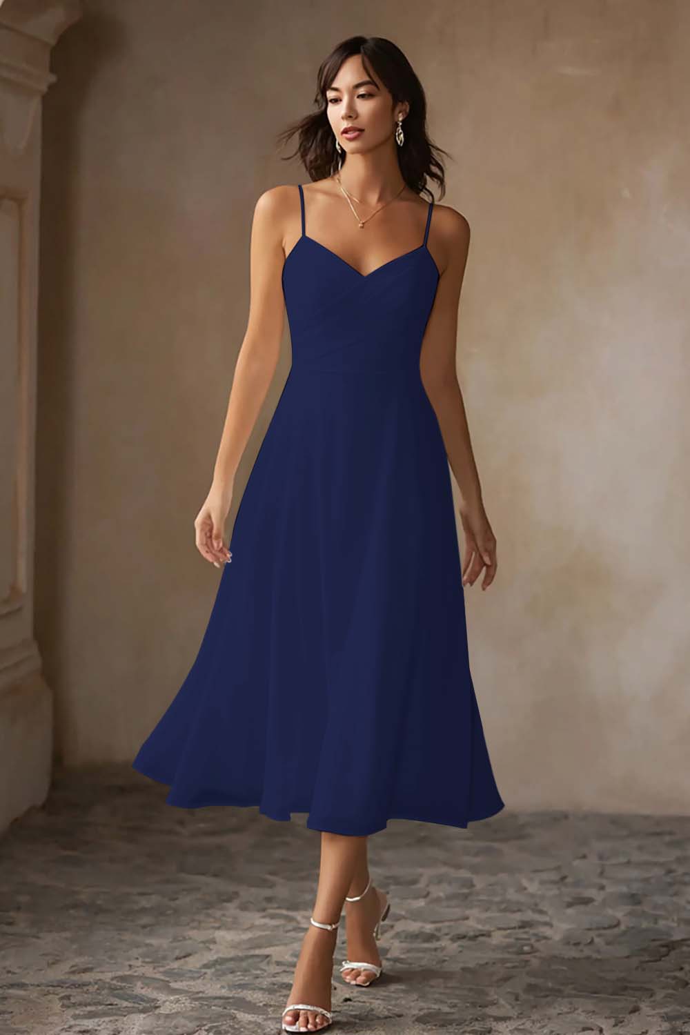Simple White Chiffon A-Line Spaghetti Straps Midi Engagement Dress