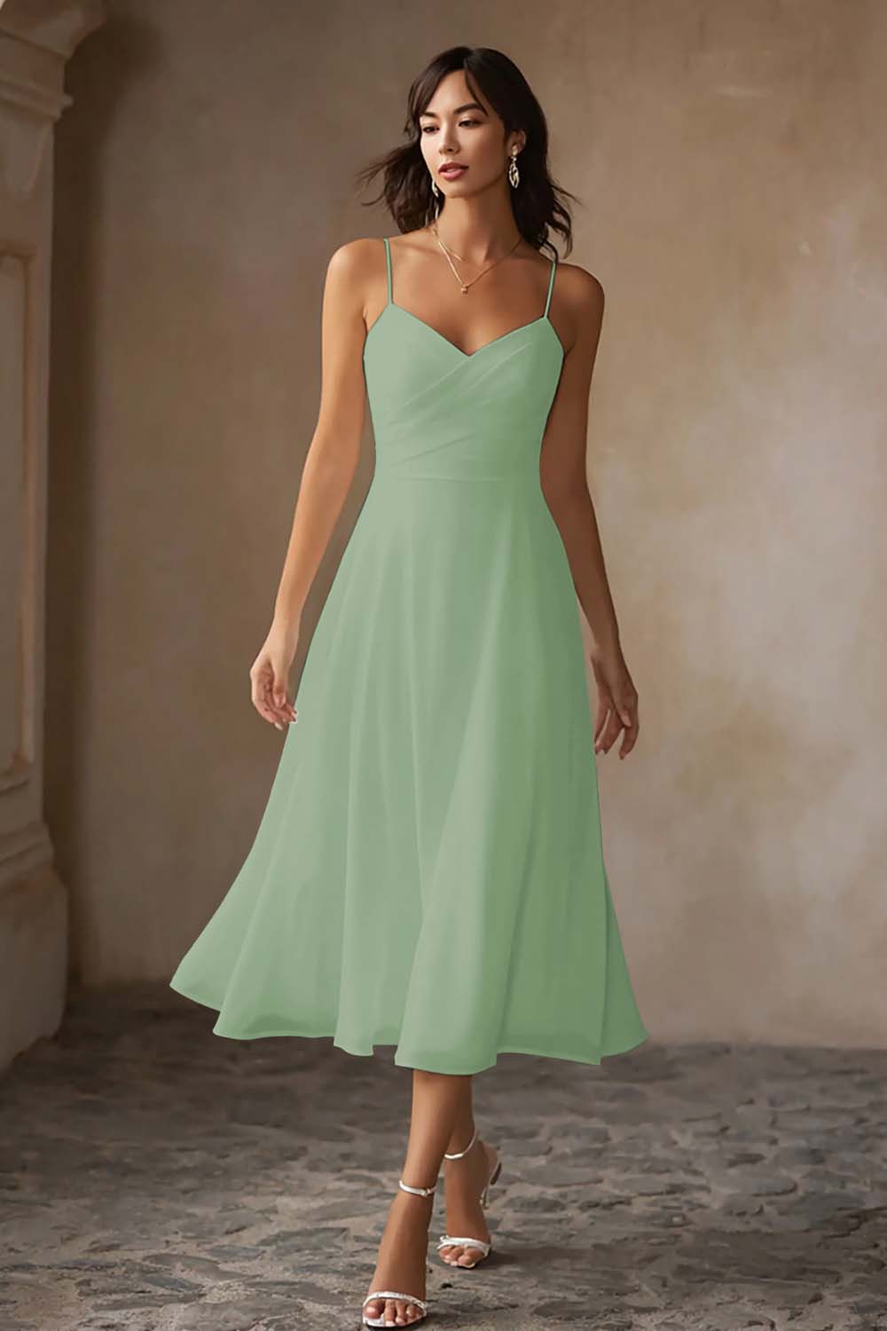 Simple White Chiffon A-Line Spaghetti Straps Midi Engagement Dress