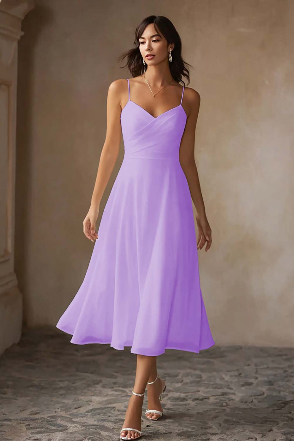 Simple White Chiffon A-Line Spaghetti Straps Midi Engagement Dress