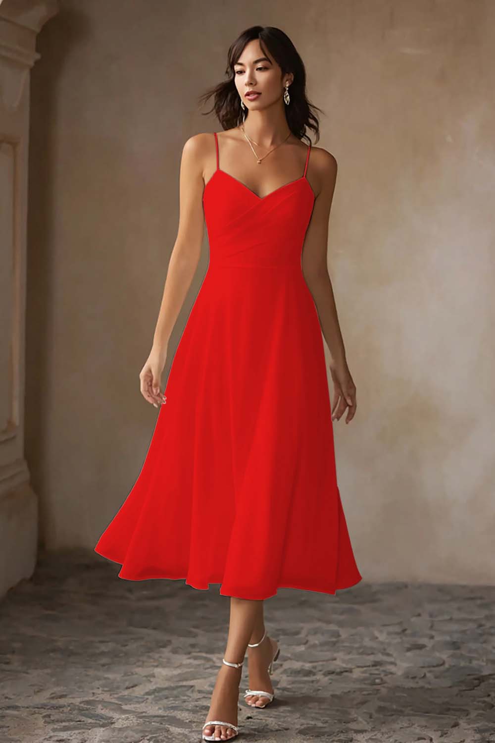 Simple White Chiffon A-Line Spaghetti Straps Midi Engagement Dress