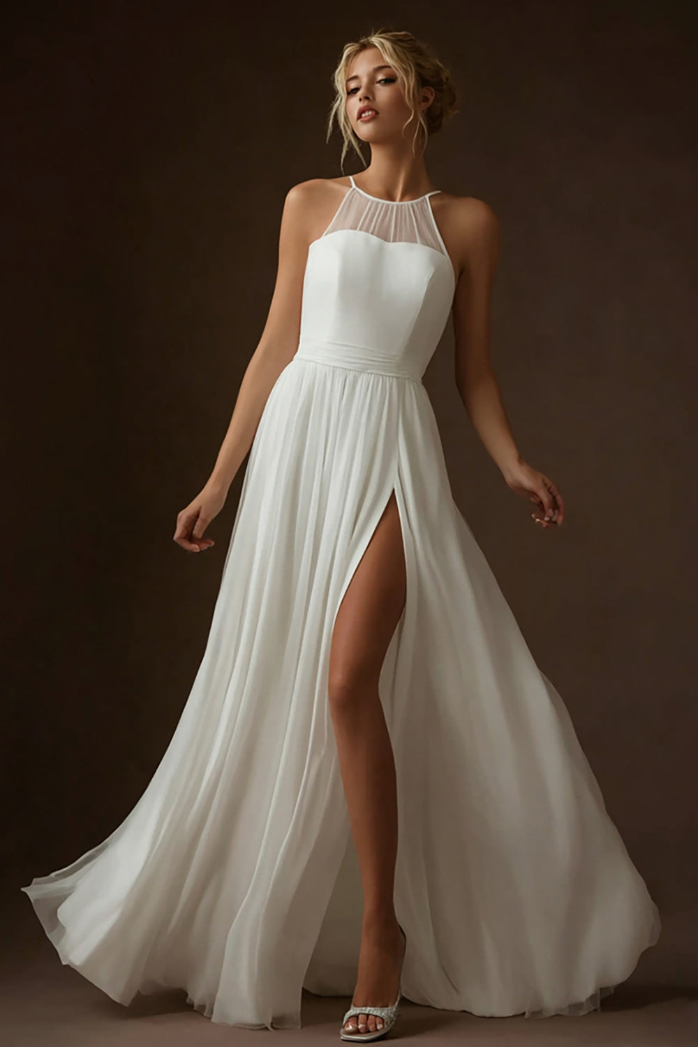 White Halter Chiffon A Line Maxi Rehearsal Dinner Dress with Slit