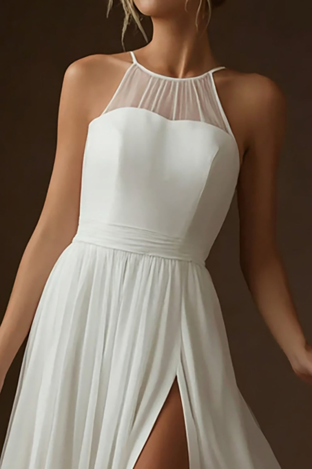 White Halter Chiffon A Line Maxi Rehearsal Dinner Dress with Slit