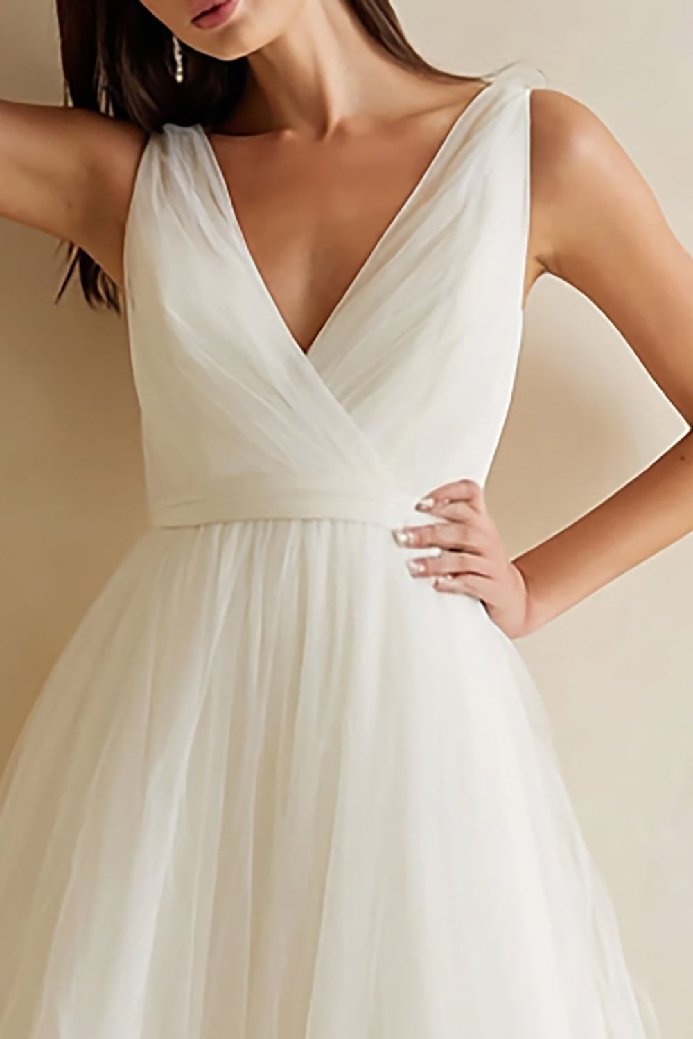 White Tulle A Line V-Neck Long Rehearsal Dinner Dress