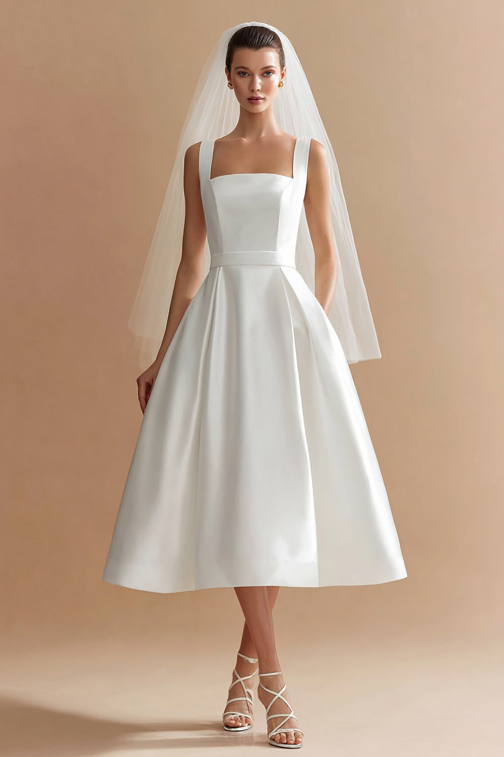 Elegant White Satin Square Neck A Line Midi Wedding Dress