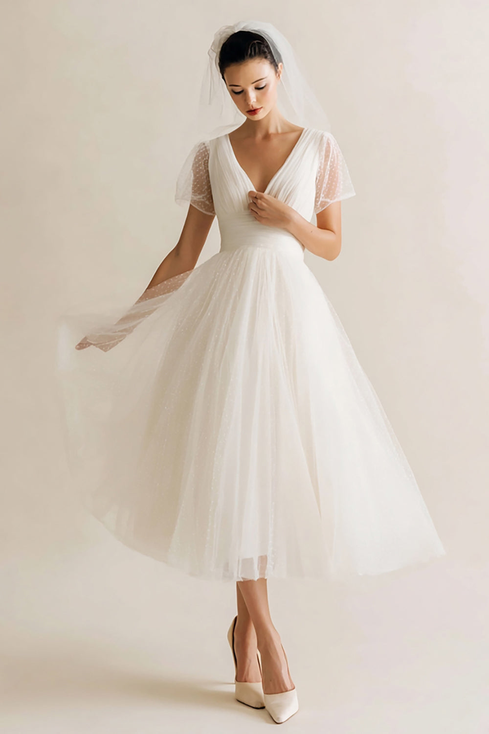 White Tulle A-Line V-Neck Dots Midi Wedding Dress