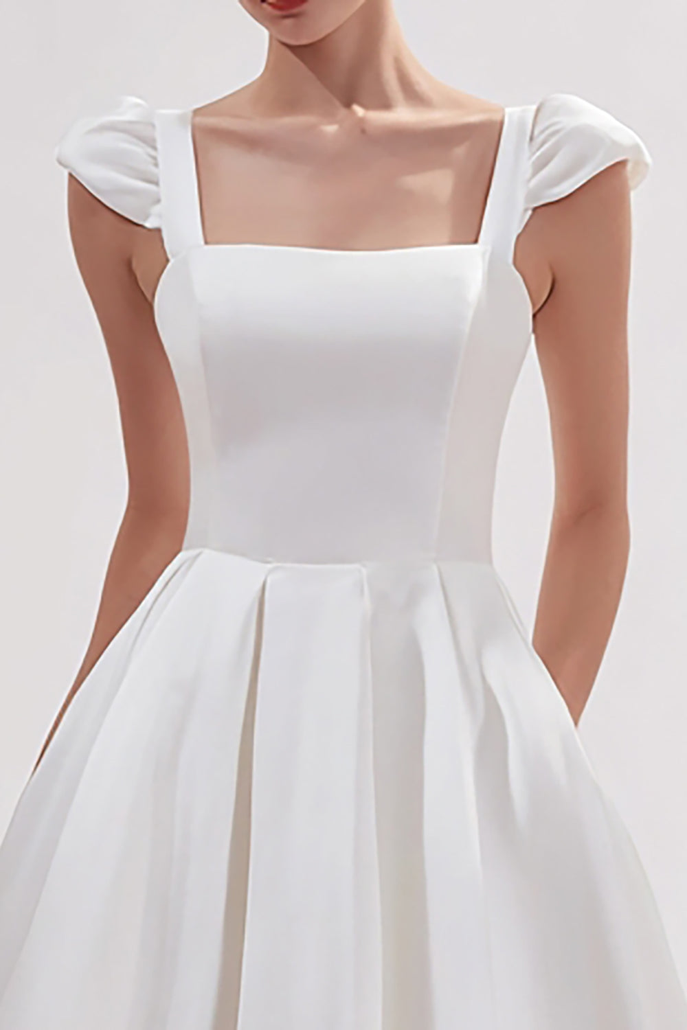 Elegant White Satin Square Neck A-Line Long Wedding Reception Dress