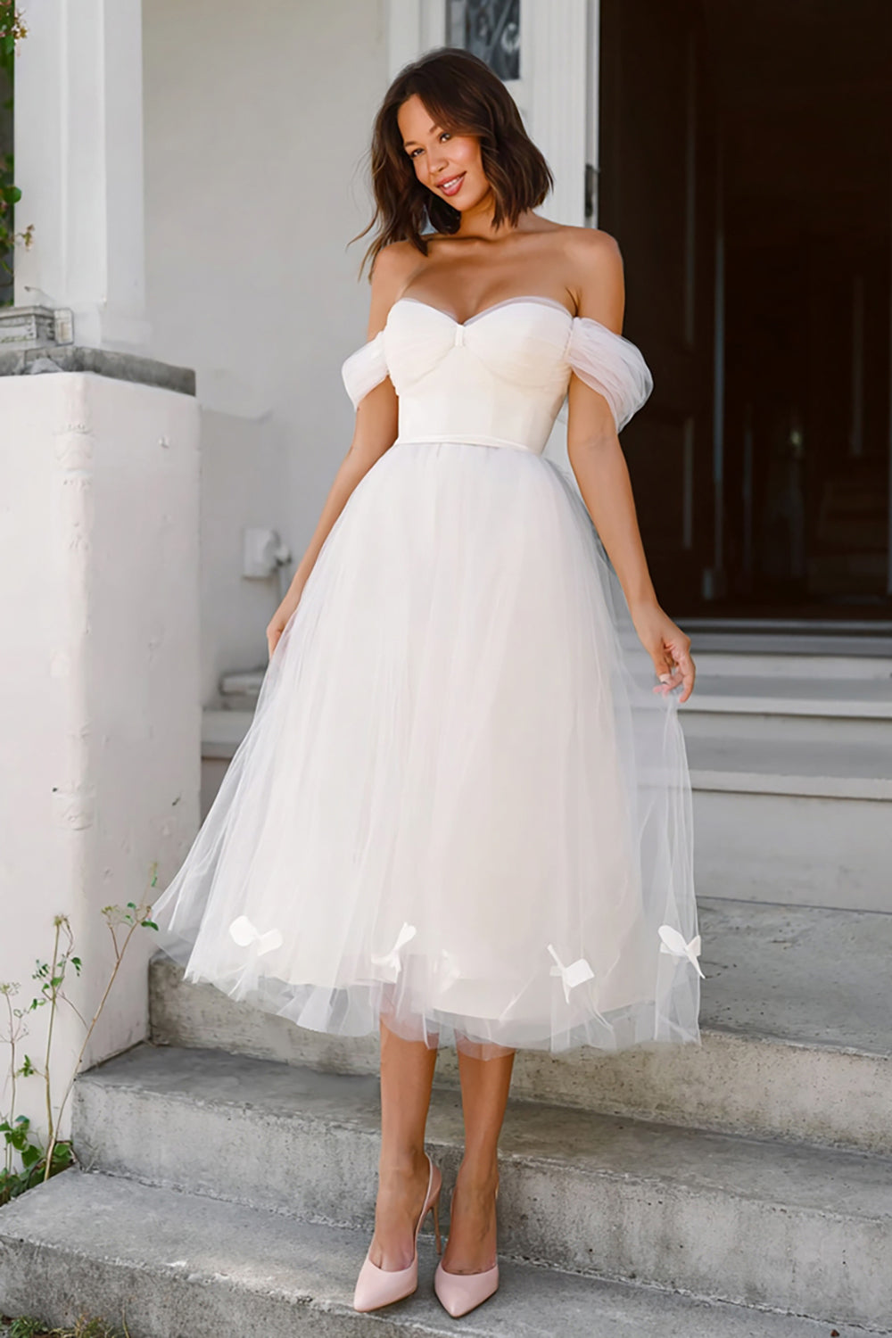 White A-Line Tulle Midi Engagement Dress with Bows