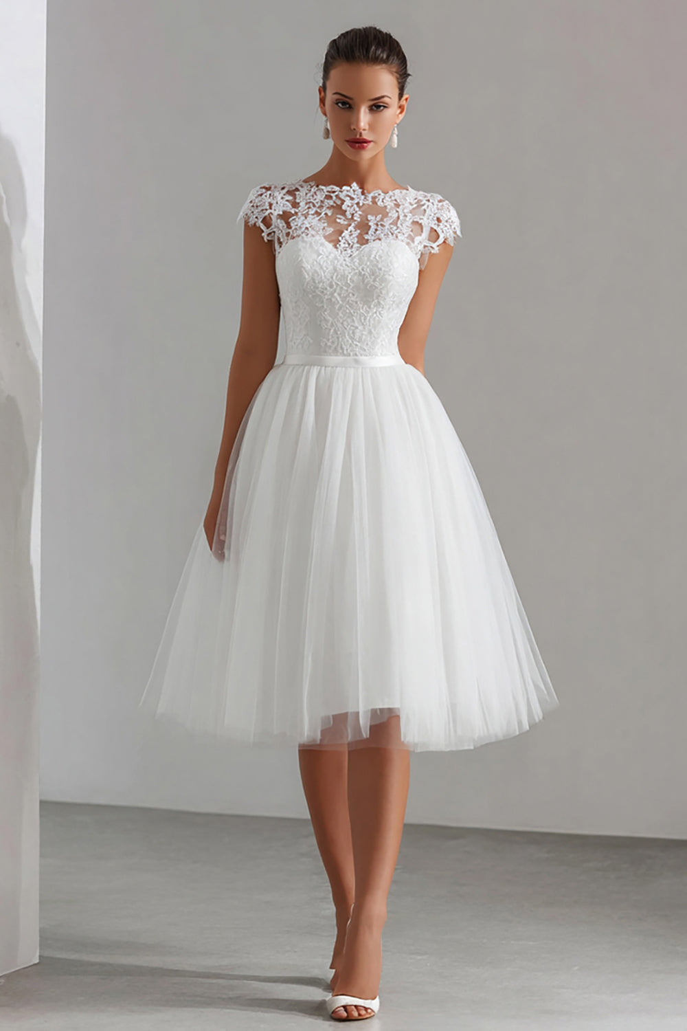 White A-Line Tulle Bateau Neck Midi Engagement Dress with Lace