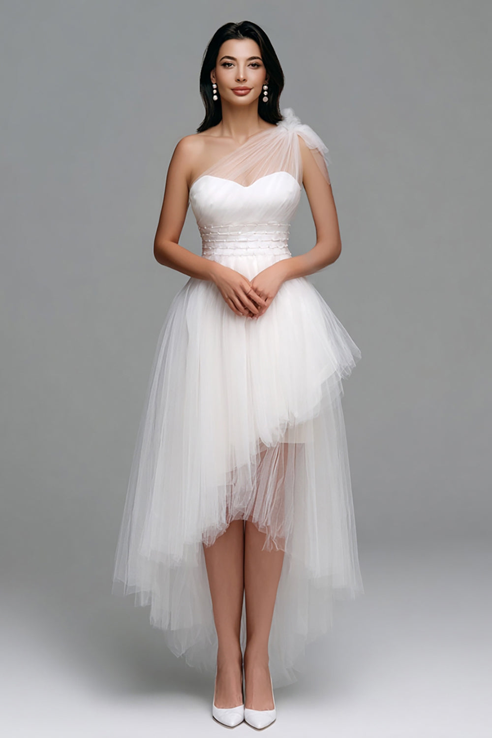White Tulle One Shoulder A-Line High Low Engagement Dress
