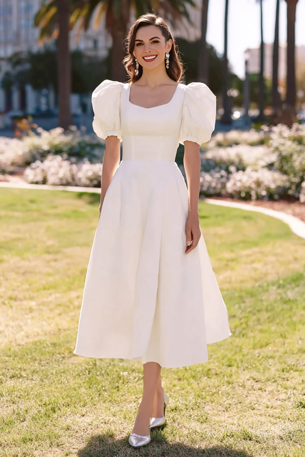 Elegant White A-Line Midi Engagement Dress with Sleeves