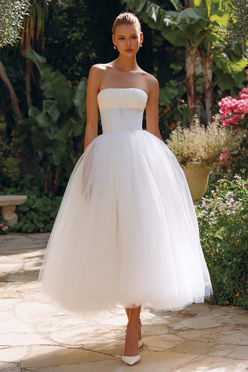 Simple White A-Line Tulle Strapless Tea-Length Wedding Dress