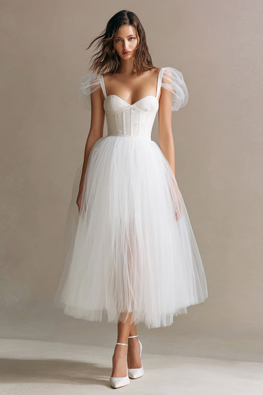 Simple White Tulle A-Line Long Corset Engagement Dress