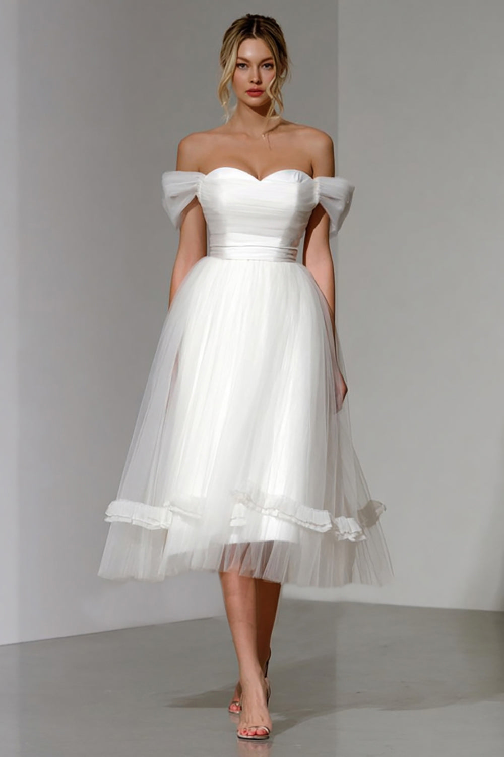 Simple White Off the Shoulder A Line Midi Wedding Dress