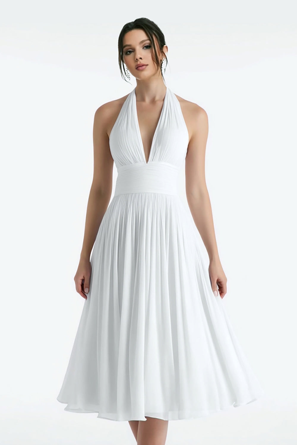 White Chiffon A Line Halter Midi Engagement Dress
