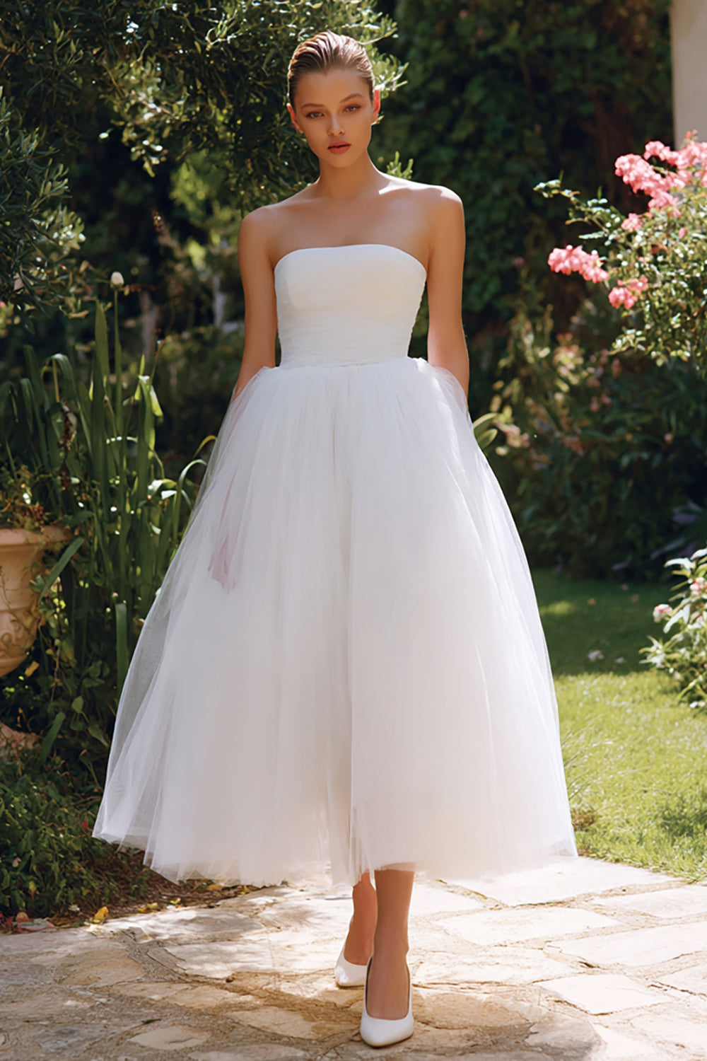 White A Line Tulle Strapless Long Rehearsal Dinner Dress