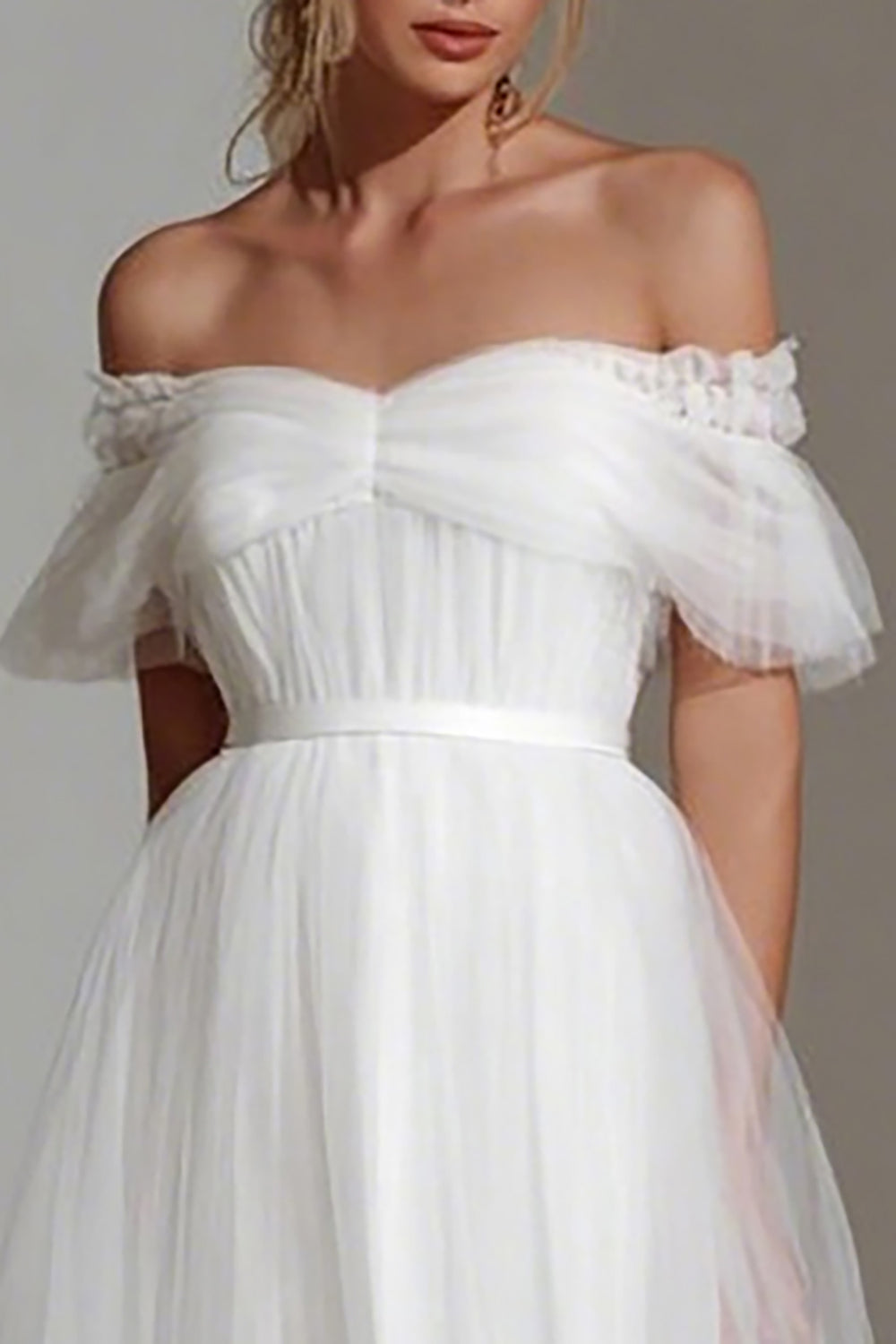 White Off the Shoulder A-Line Midi Tulle Engagement Dress