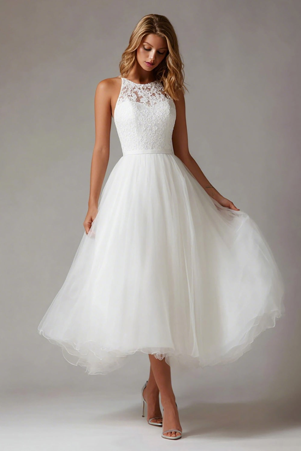 Elegant White A-Line Tulle Midi Engagement Dress with Lace