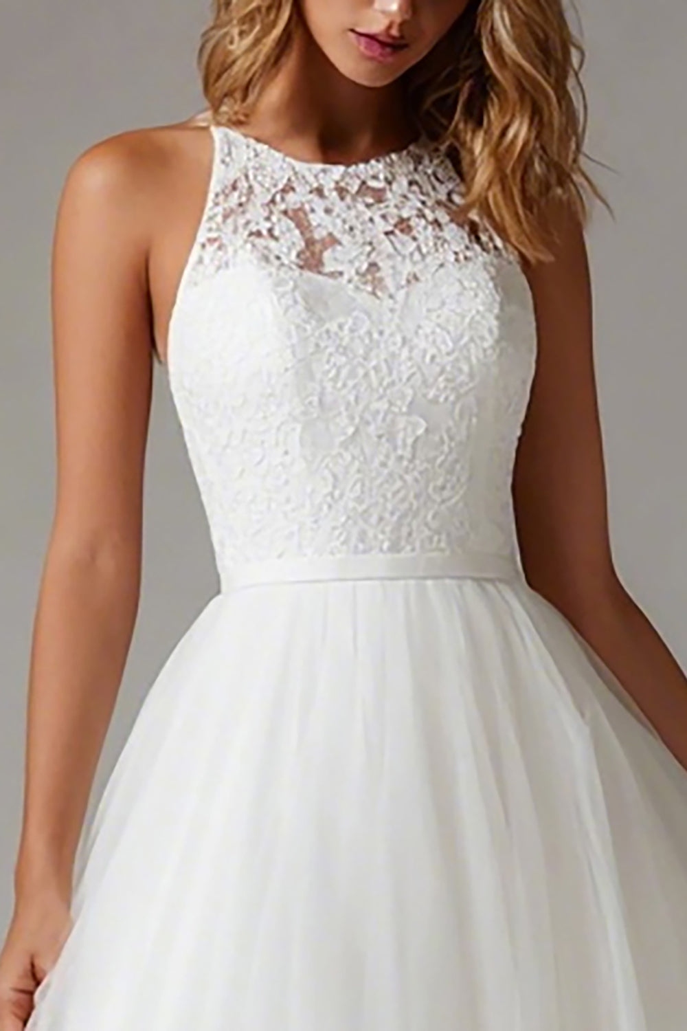 Elegant White A-Line Tulle Midi Engagement Dress with Lace