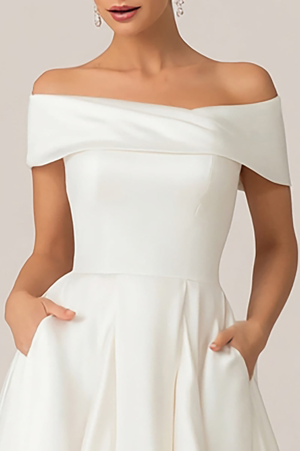 Elegant White Satin Off the Shoulder Midi Wedding Dress with Pockets