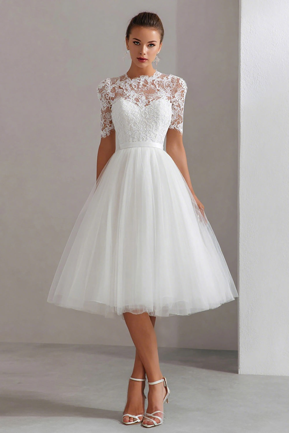 Elegant White A-Line Tulle Midi Engagement Dress with Sleeves 