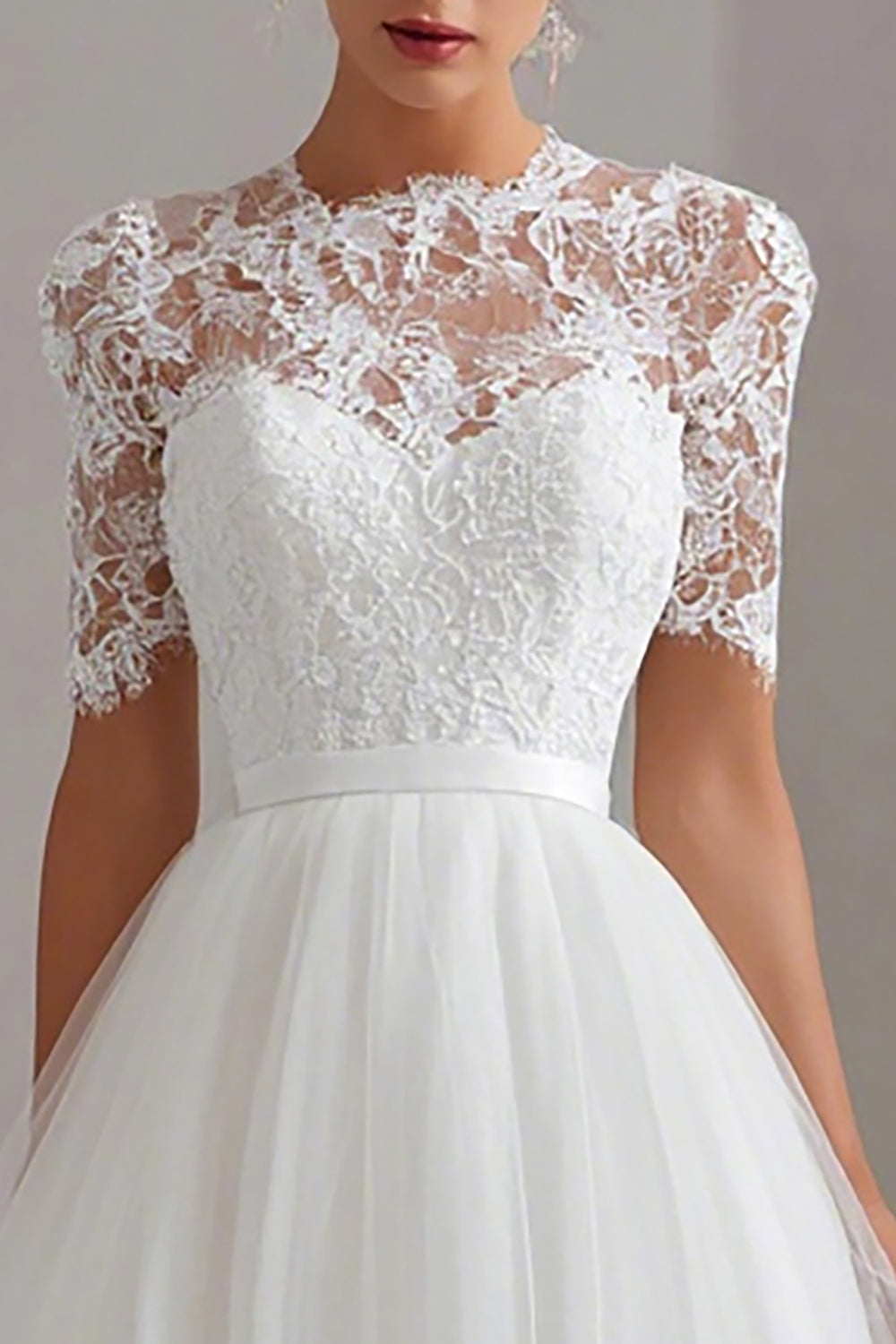 Elegant White A-Line Tulle Midi Engagement Dress with Sleeves 
