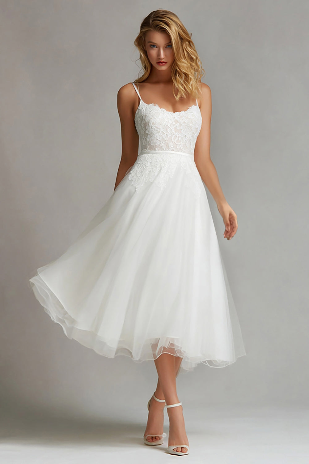White Tulle Spaghetti Straps A Line Midi Engagement Dress with Lace