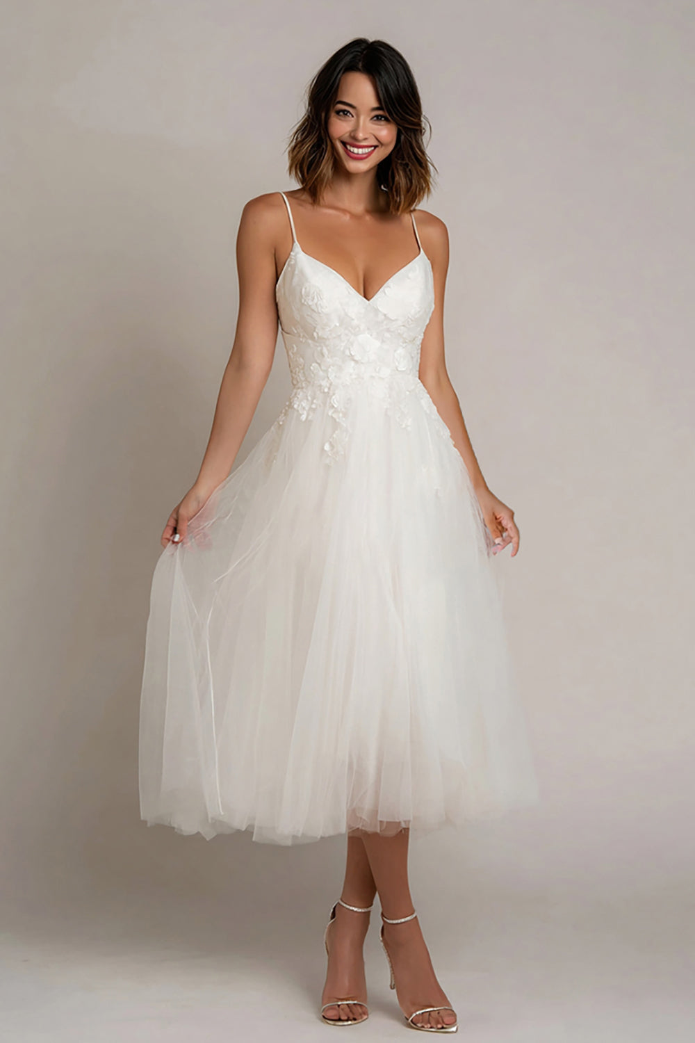 White Tulle A-Line Spaghetti Straps Midi Engagement Dress with Lace