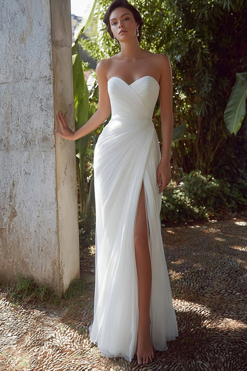 White Sweetheart Sheath Chiffon Long Rehearsal Dinner Dress with Slit