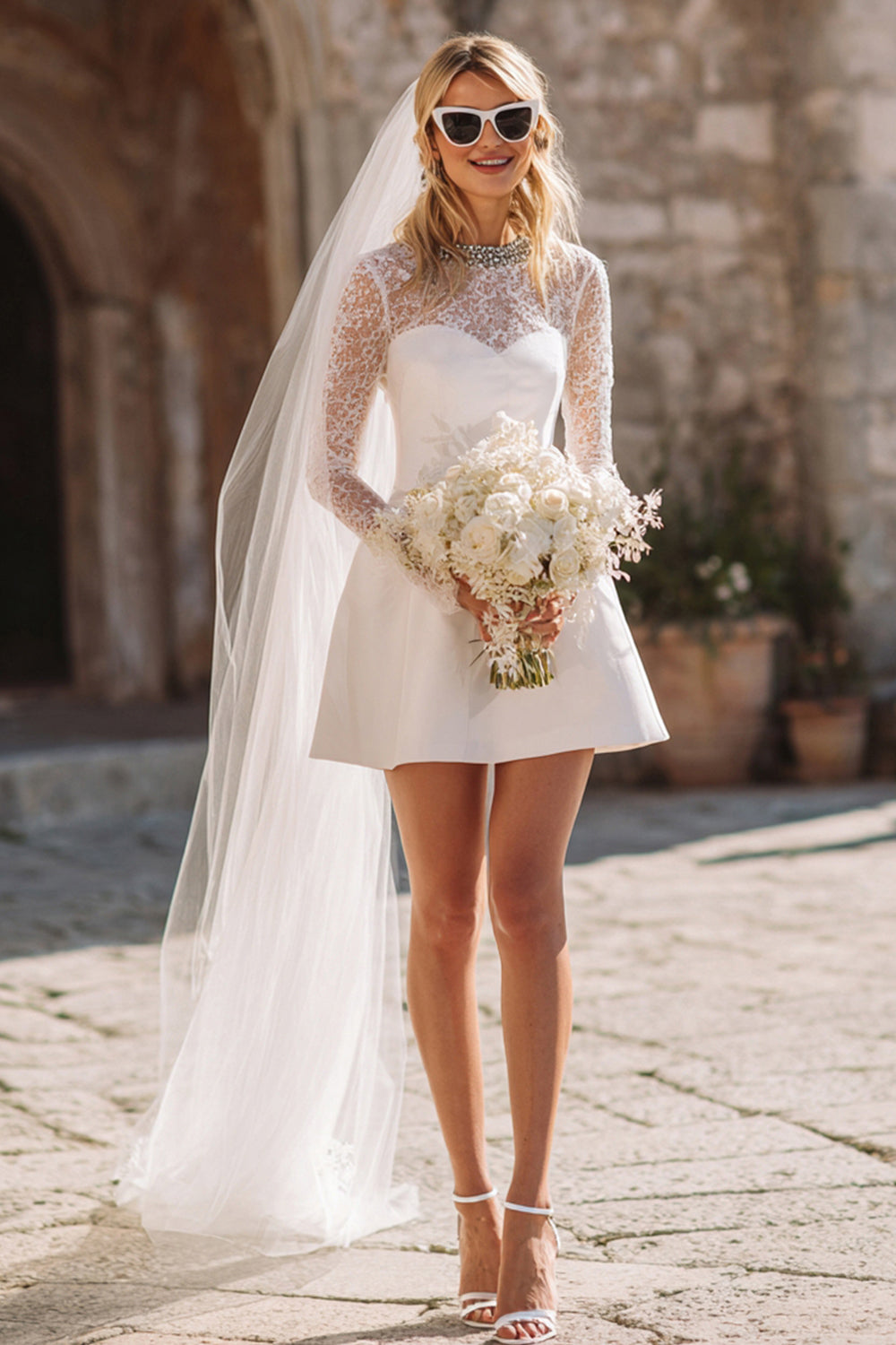 Sparkly White Satin A-Line Short Wedding Dress with Lace