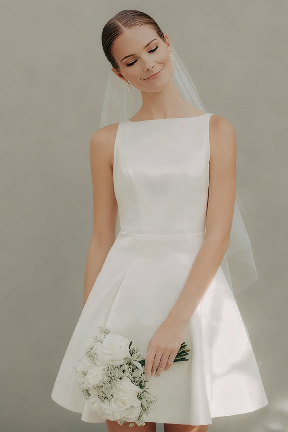 Simple White Satin A-Line Bateau Neck Short Wedding Dress