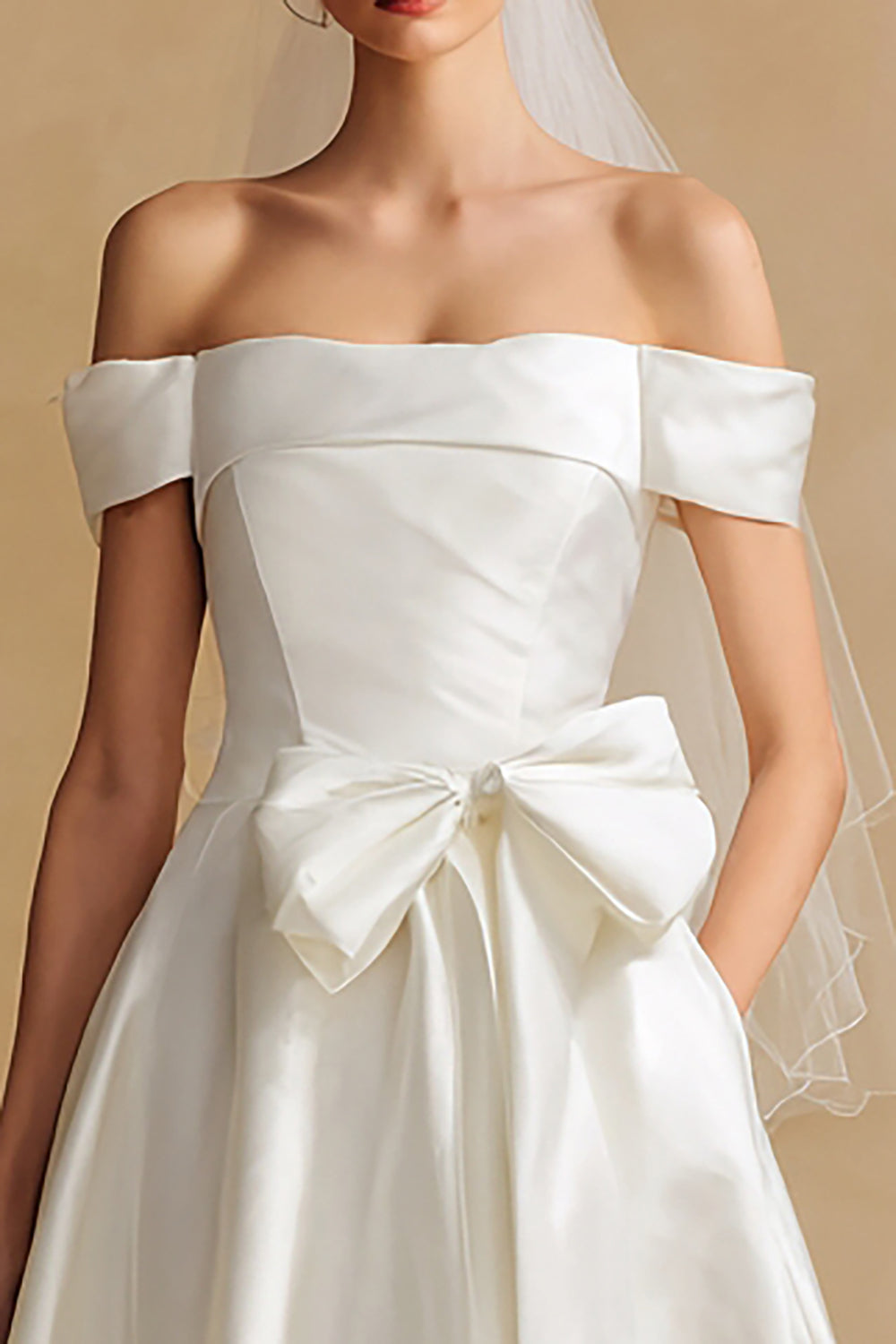 Cute White A-Line Off the Shoulder Satin Long Wedding Dress with Bow
