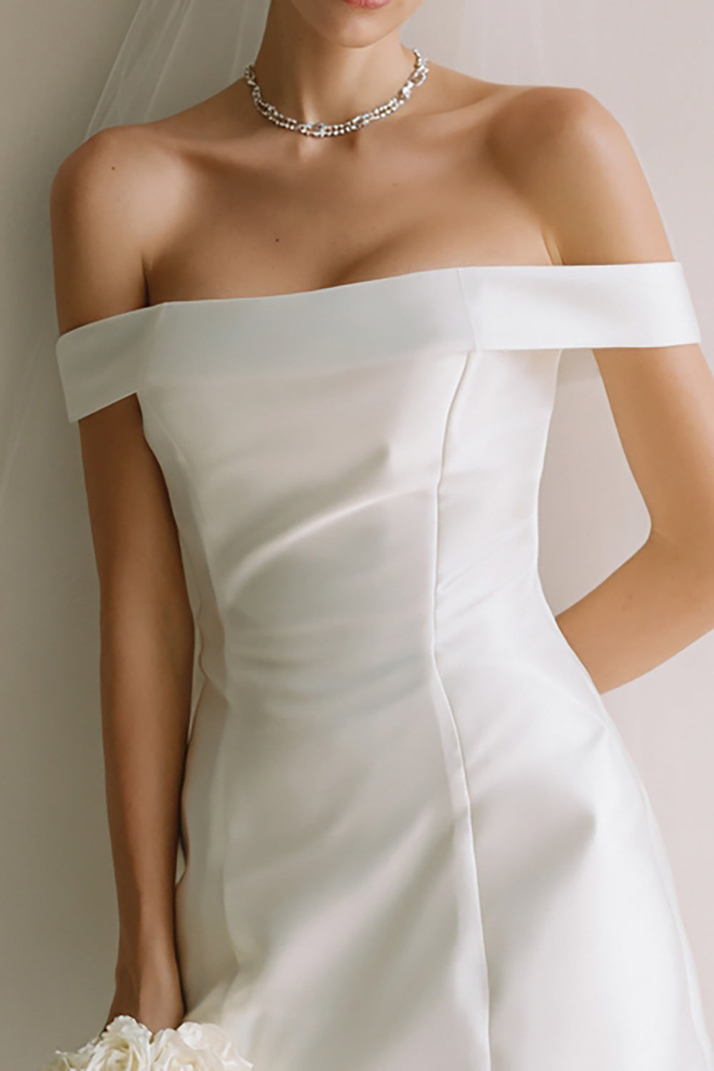White Satin Bodycon Off the Shoulder Mini Wedding Dress